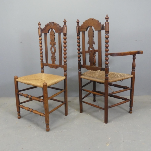 2584 - A set of six early 20th century Dutch oak bobbin turned dining chairs with carved decoration and rus... 