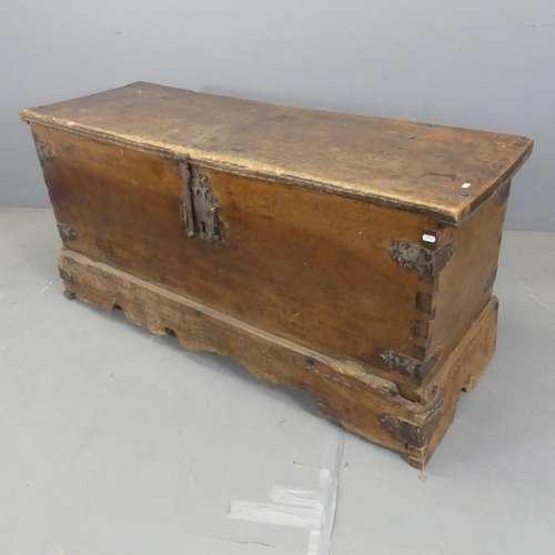 2587 - A 17th / 18th century continental metal bound oak coffer. Width 147cm, height 71cm, 55cm.