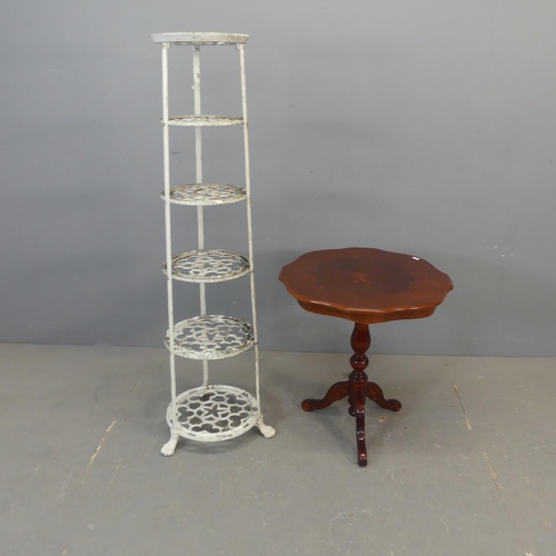 2655 - A painted metal six-tier pan rack, height 123cm, and a reproduction mahogany occasional table. (2)