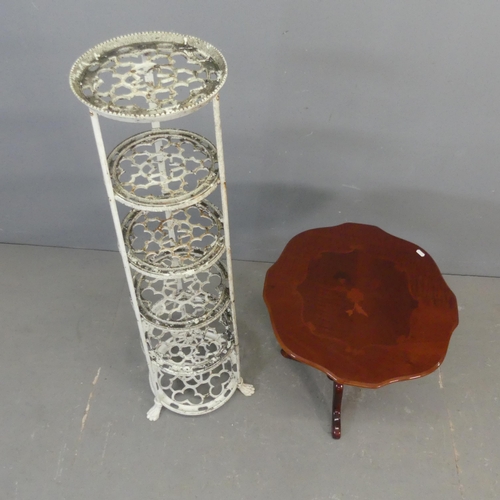 2655 - A painted metal six-tier pan rack, height 123cm, and a reproduction mahogany occasional table. (2)