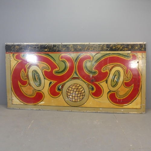 2668 - A vintage painted circus / fairground panel. Width 230cm, maximum height 118cm (tapers to 109cm high... 