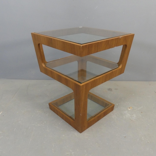 2670 - A mid-century Danish style geometric design three-tier coffee table, with teak frame and inset glass... 