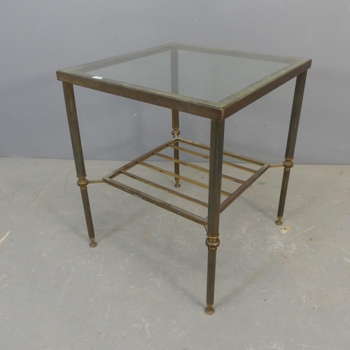 2671 - A brass Hollywood Regency style two-tier occasional table, with inset glass top. Width 47cm, height ... 