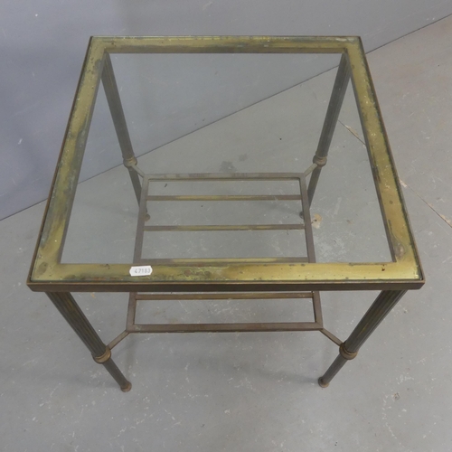 2671 - A brass Hollywood Regency style two-tier occasional table, with inset glass top. Width 47cm, height ... 