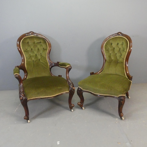 2674 - A Victorian walnut and button-back upholstered open arm parlour chair, and a matching slipper chair.... 