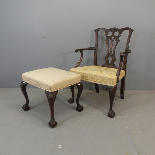 2681 - A 19th century Chippendale style open arm chair with carved decoration and cabriole legs, and a simi... 