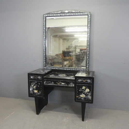 2695 - A Korean black lacquered dressing table, with raised mirror back, and hardstone and mother-of-pearl ... 