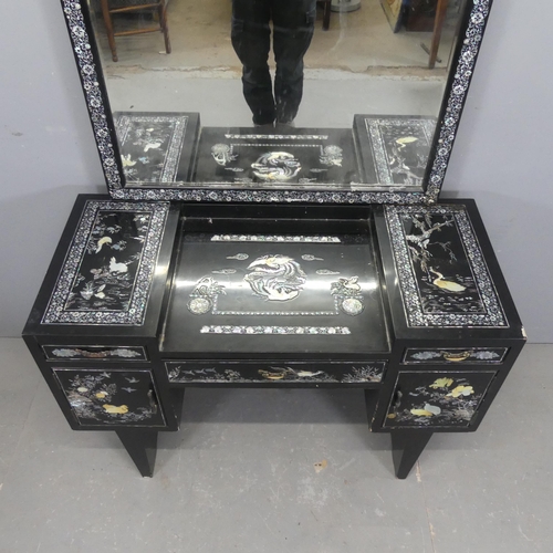 2695 - A Korean black lacquered dressing table, with raised mirror back, and hardstone and mother-of-pearl ... 