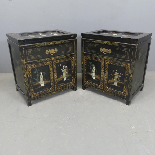 2699 - A pair of Korean black lacquered bedside cabinets, with hardstone and painted decoration. Width 51cm... 