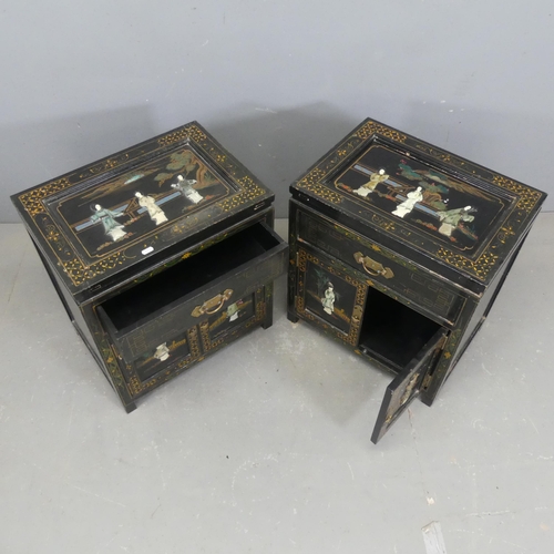 2699 - A pair of Korean black lacquered bedside cabinets, with hardstone and painted decoration. Width 51cm... 