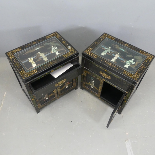 2700 - A pair of Korean black lacquered bedside cabinets, with hardstone and painted decoration. Width 51cm... 