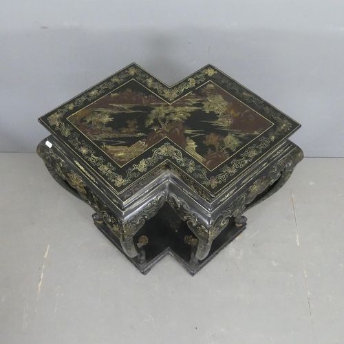 2701 - A Chinese black lacquered double jardinière stand, with painted decoration. Maximum dimensions (on t... 