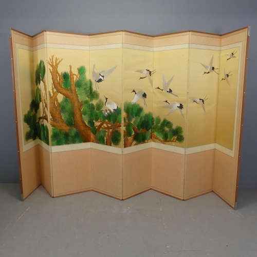 2707 - A Japanese Meiji period 8-fold room divider screen, with silk panels to one side depicting Cranes in... 