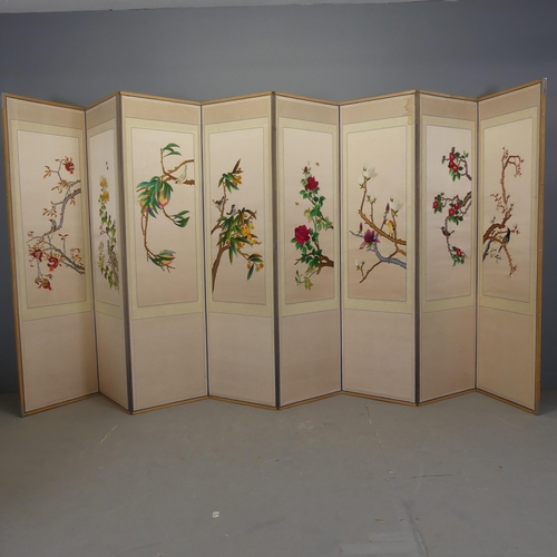 2708 - A Japanese Meiji period 8-fold room divider screen, with silk panels to one side depicting birds in ... 