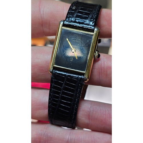 1007 - MUST DE CARTIER - a Vintage sterling silver-gilt Tank mechanical wristwatch, circa 1978, blue dial w... 