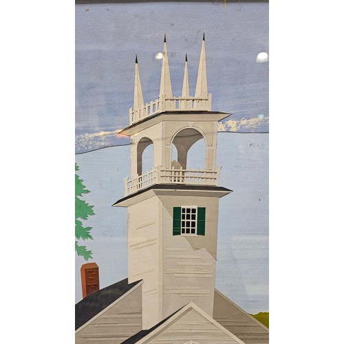 429 - Maxfield Parrish, North Wilmot Church New Hampshire, applique/paint construction, 67cm x 47cm, frame... 