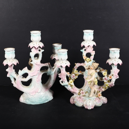 813 - 2 similar German porcelain 3-branch candelabra, each with cherub and floral decoration, German facto... 