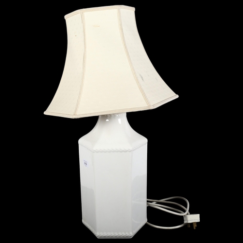 819 - A hexagonal white ceramic table lamp and shade, H66cm