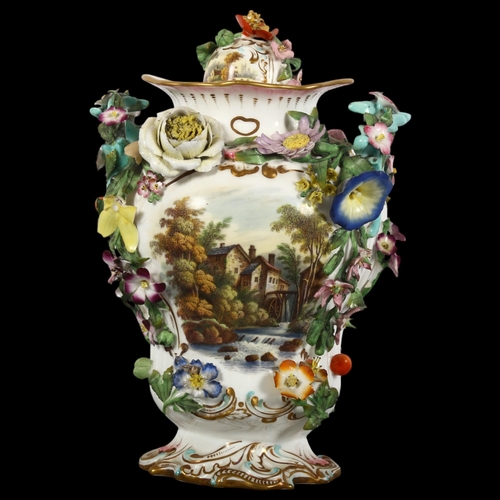 854 - Antique Continental porcelain vase, with painted scene and applied flowers, and cover (some damage t... 