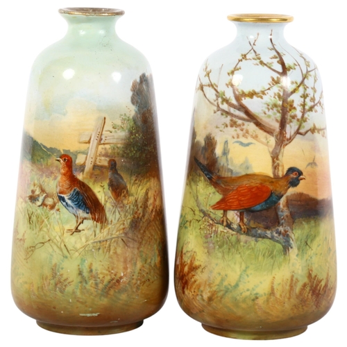 862 - A pair of early 20th century Winton hand painted vases, scenes of British woodland birds, H15cm, sig... 