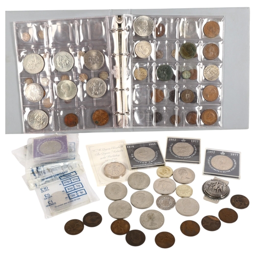 871 - A collection of pre-decimal English coins, including commemorative, silver crown, coin-mounted money... 