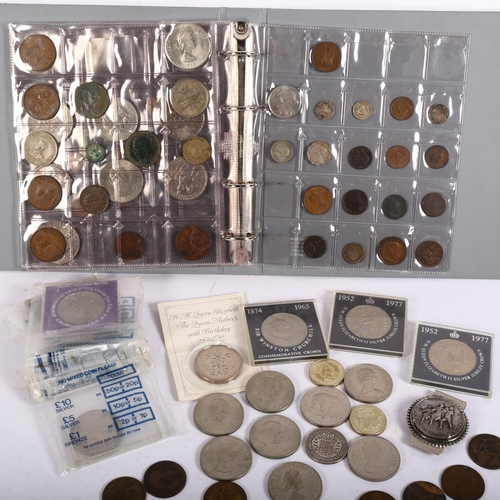 871 - A collection of pre-decimal English coins, including commemorative, silver crown, coin-mounted money... 