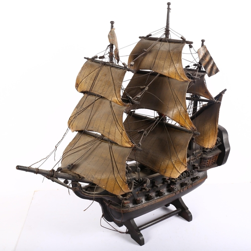 877 - A scratch-built wooden galleon ship, with 3 masts, and associated wooden stand, L68cm, H68cm