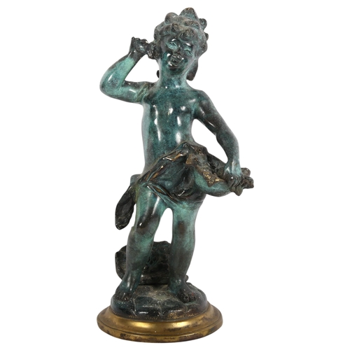 886 - A bronze verdigris figural sculpture of a cherub boy with shell basket, unsigned, H37cm