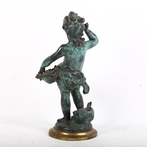 886 - A bronze verdigris figural sculpture of a cherub boy with shell basket, unsigned, H37cm