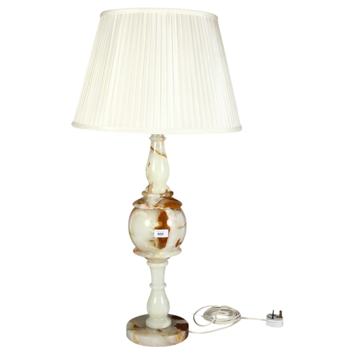 900 - A large onyx marble-effect table lamp, with associated glass shade, height overall approx 88cm