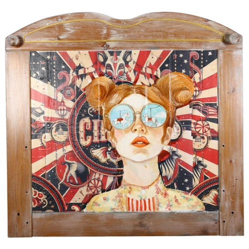 918 - Clive Fredriksson, a modern mixed media portrait of a female figure with glasses, backed by various ... 