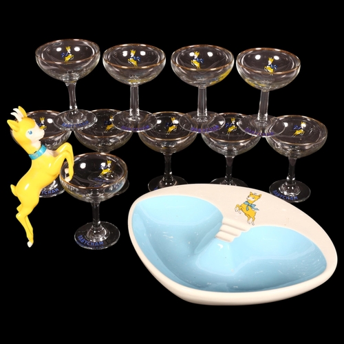 925 - A set of 7 Babycham yellow fawn glasses, H11cm, a set of 3 Babycham yellow fawn glasses, H10cm, a Ba... 