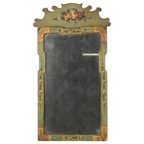 927 - A Georgian rectangular wall mirror, with original green and gilt painted frame with carved pediment,... 