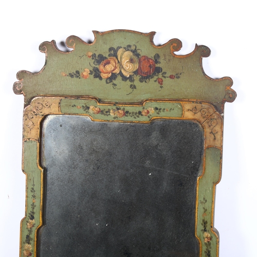 927 - A Georgian rectangular wall mirror, with original green and gilt painted frame with carved pediment,... 