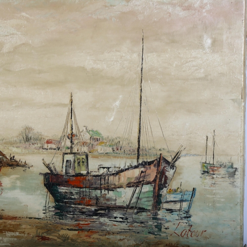 930 - Latour, oil on canvas, panoramic fishing village, 62cm x 92cm overall, unframed