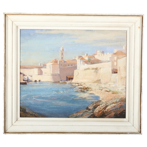 934 - Arthur Croft Mitchell (1872 - 1956), oil on canvas, harbour scene, Ragusa from the rocks, 67cm x 77c... 