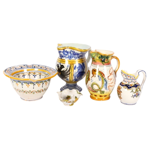 963 - A collection of Continental pottery jugs and bowls, including a talavera ashtray, a Maiolica jug (re... 