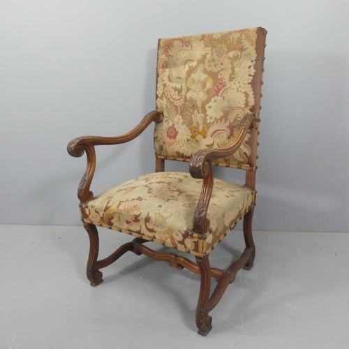 2309 - A French Louis XIII design open armchair in walnut with pictorial tapestry back and tapestry seat, p... 