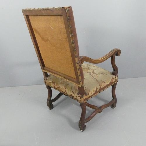 2309 - A French Louis XIII design open armchair in walnut with pictorial tapestry back and tapestry seat, p... 