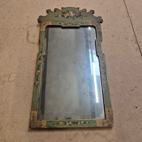 927 - A Georgian rectangular wall mirror, with original green and gilt painted frame with carved pediment,... 