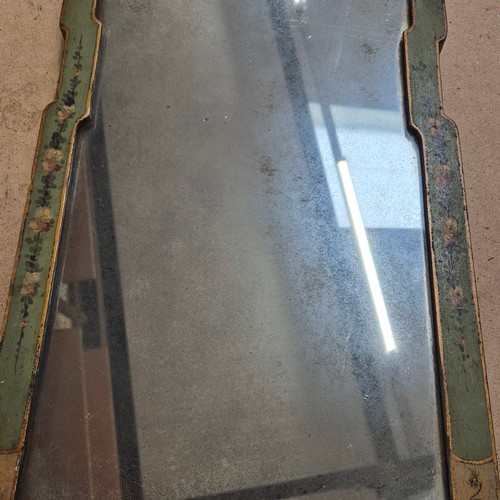 927 - A Georgian rectangular wall mirror, with original green and gilt painted frame with carved pediment,... 