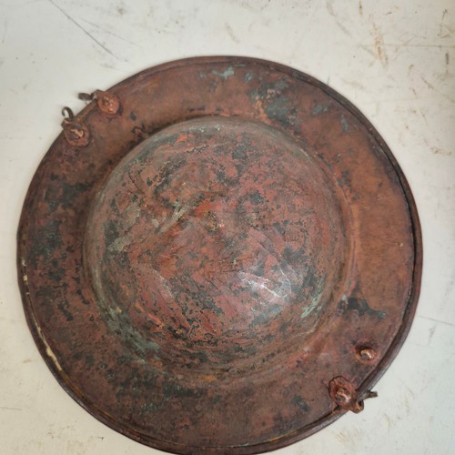 174 - A Spanish carved wood circular brazier, with copper bowl, and applied brass decoration, diameter 43c... 