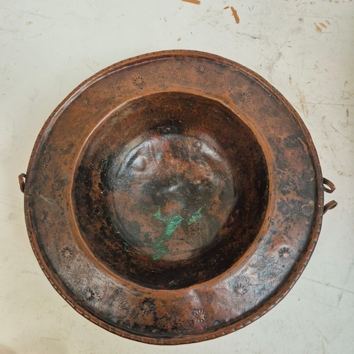 174 - A Spanish carved wood circular brazier, with copper bowl, and applied brass decoration, diameter 43c... 