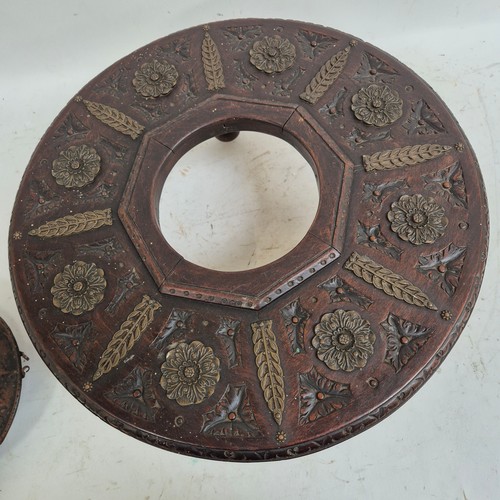 174 - A Spanish carved wood circular brazier, with copper bowl, and applied brass decoration, diameter 43c... 