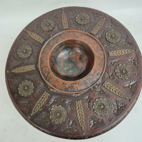 174 - A Spanish carved wood circular brazier, with copper bowl, and applied brass decoration, diameter 43c... 