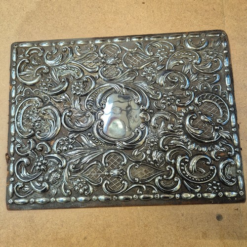 558 - An ornate applied silver decorated blotter cover (cover only), and a cased set of sterling silver-ha... 