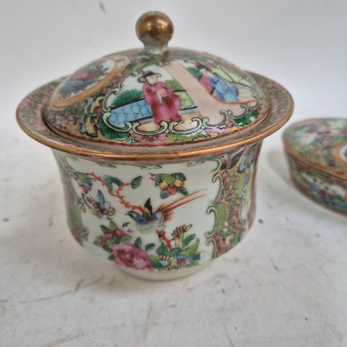 187 - A Chinese famille rose Canton oval dish and cover, a pot and cover, a cased seal set, and a set of s... 