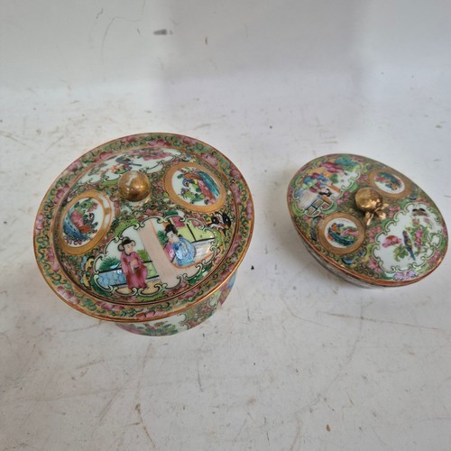 187 - A Chinese famille rose Canton oval dish and cover, a pot and cover, a cased seal set, and a set of s... 