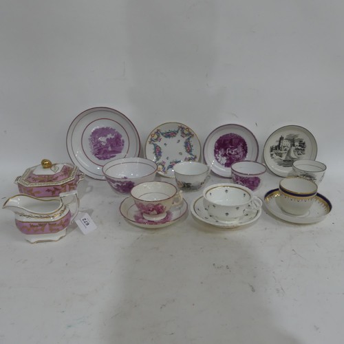 672 - Early 19th century Sunderland lustre cups and saucers, etc, an early 19th century Spode sucrier and ... 