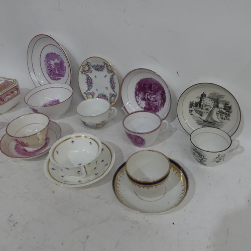 672 - Early 19th century Sunderland lustre cups and saucers, etc, an early 19th century Spode sucrier and ... 